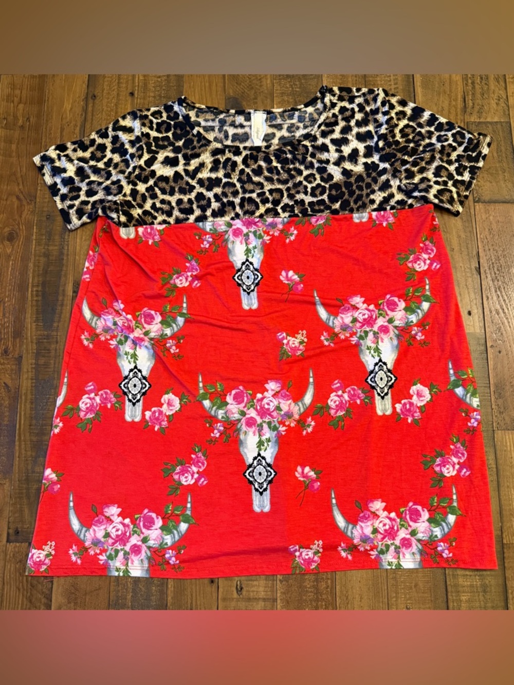 Lilypad Red Floral Bull Skull A-Line Shirt with Leopard Yoke 2XL